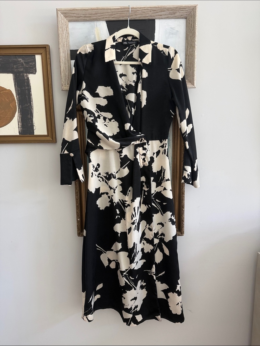 Zara Black and Cream Floral Wrap-Style Long Sleeve Dress